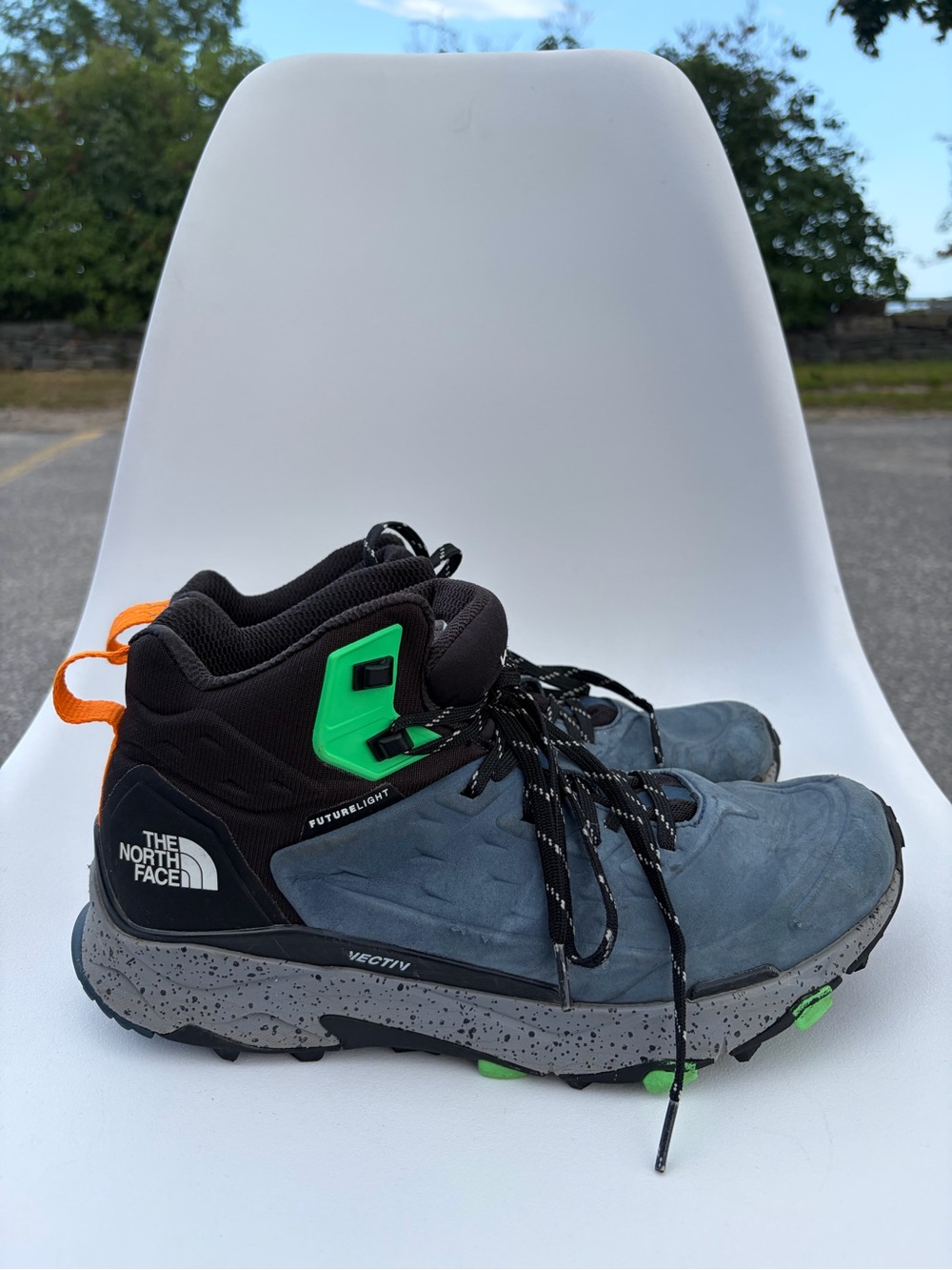 The North Face Men's Gray-Blue VECTIV Hiking Boots with Green and Orange Accents
